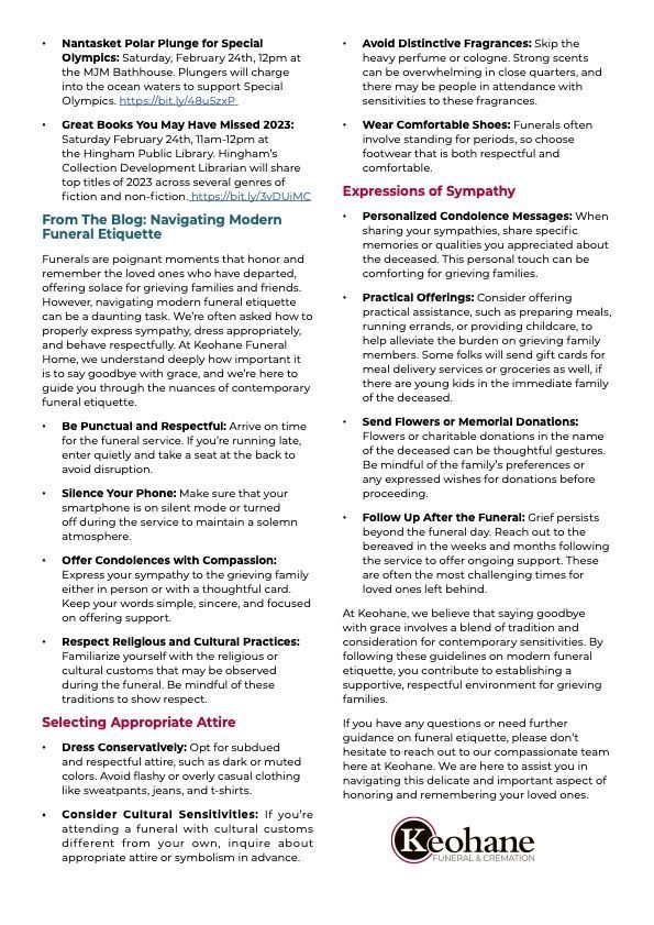 This page features a Keohane blog post offering details on modern funeral etiquette, from expressing sympathy to dressing appropriately. 