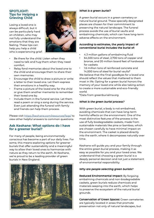 This page features a spotlight article on how to help a grieving child cope with the loss of a loved one. 