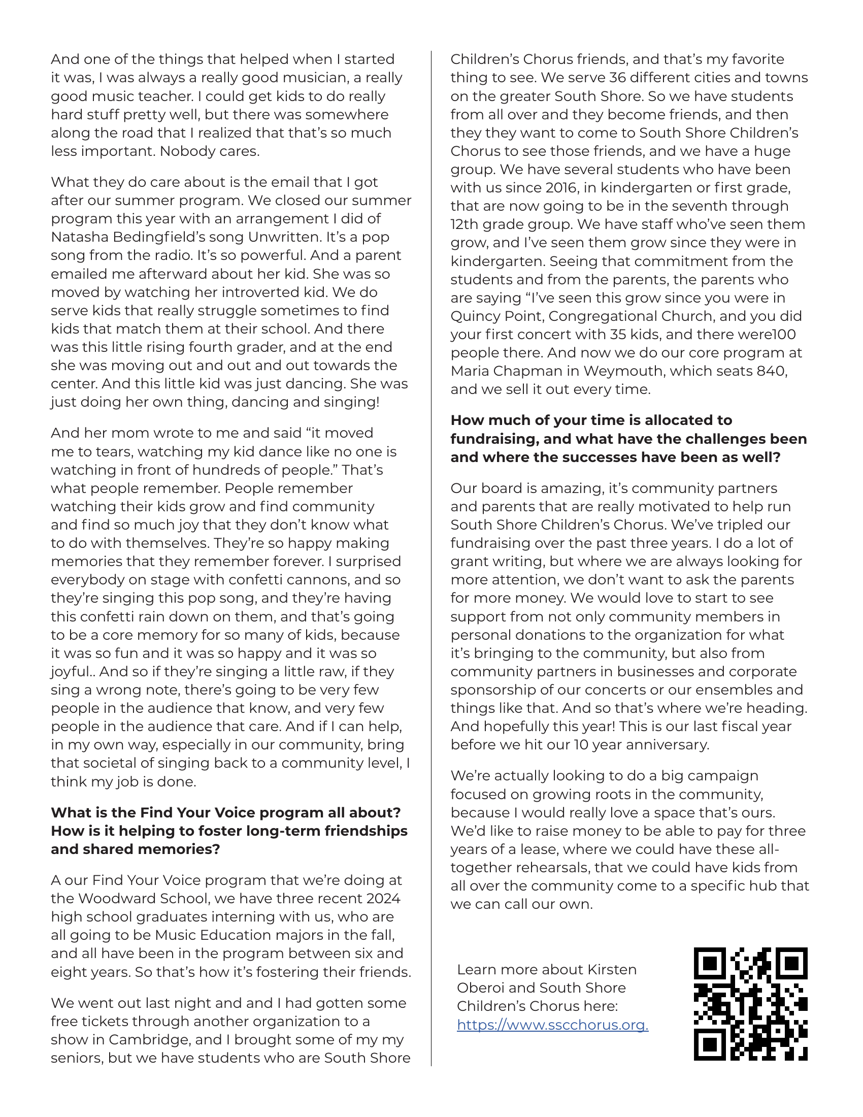 Interview with South Shore Children's Chorus founder Kirsten Oberoi, including insights on the Find Your Voice program and fundraising. 