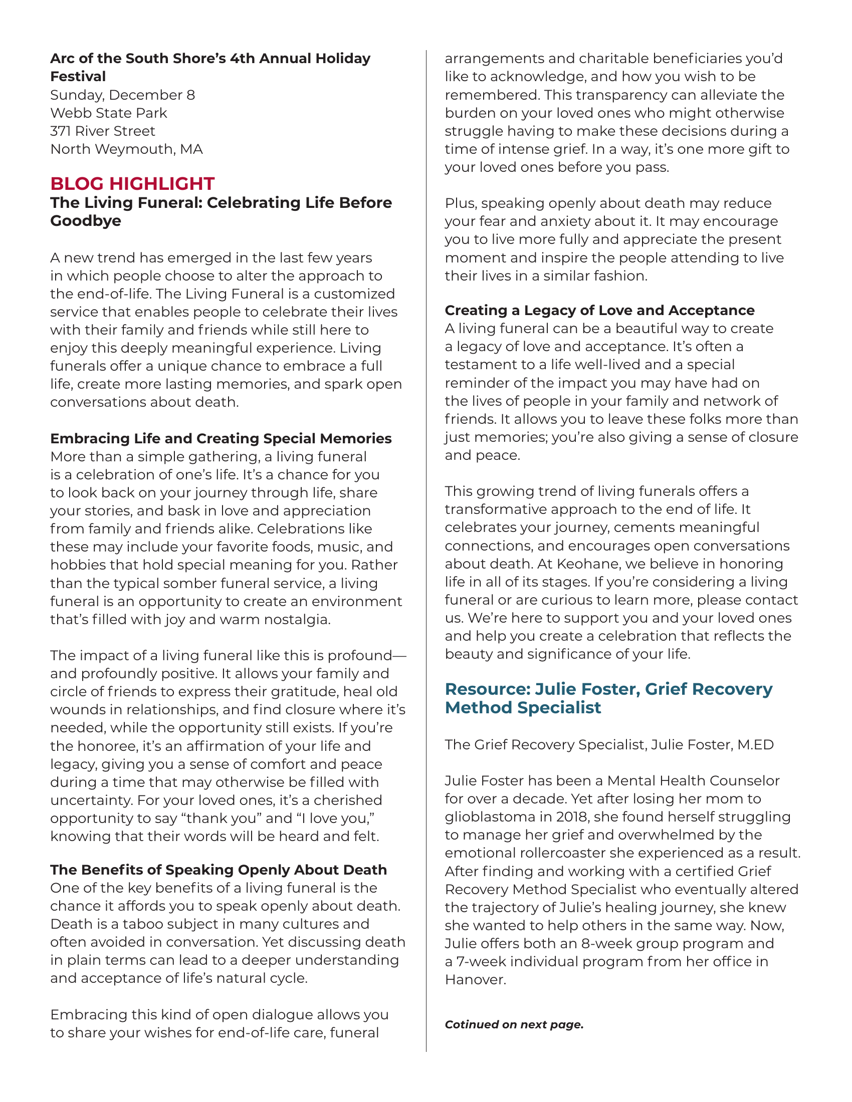 Keohane Funeral & Cremation's Community Connections feature: blog highlight. Blog highlight is titled 