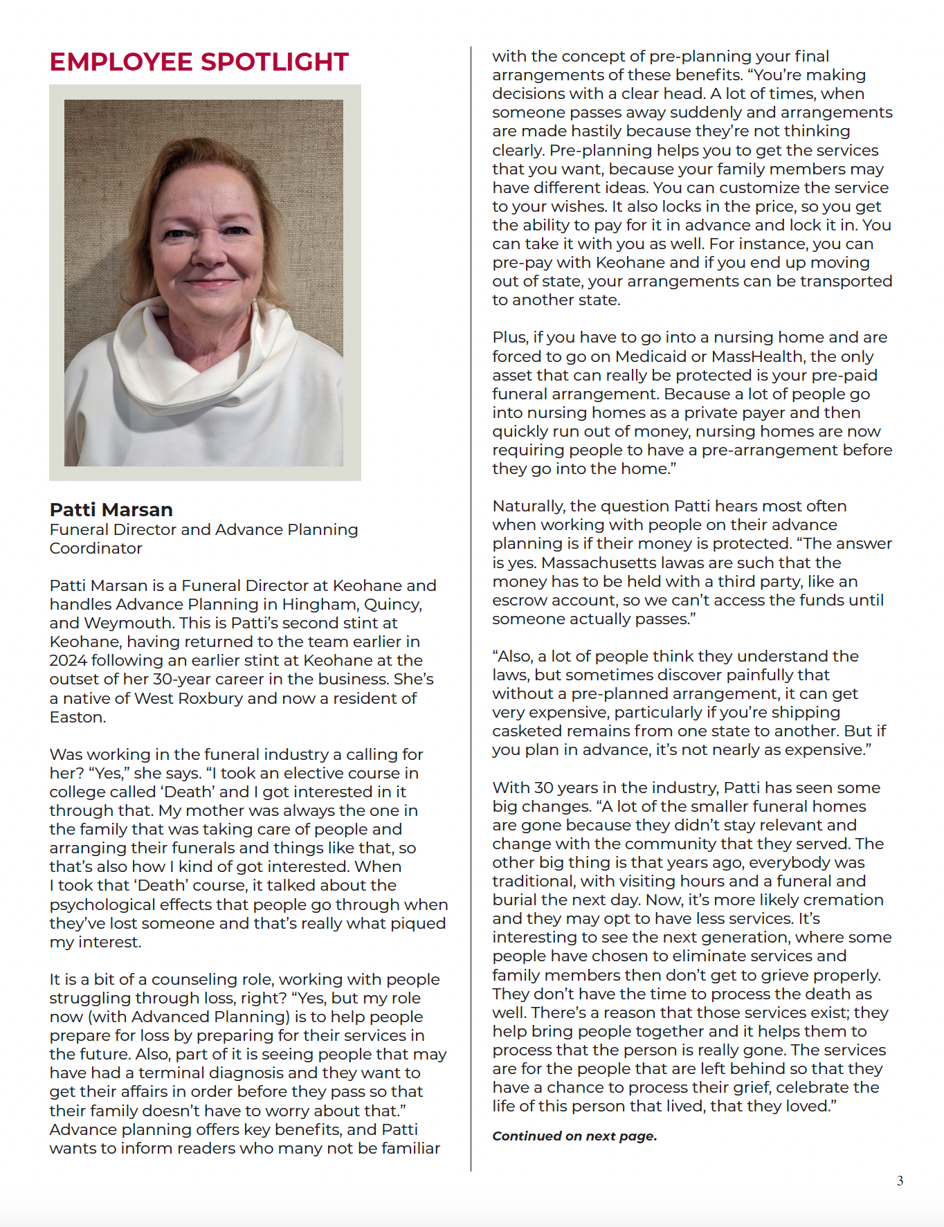 Employee Spotlight of Patti Marsan, Funeral Director and Advance Planning Coordinator