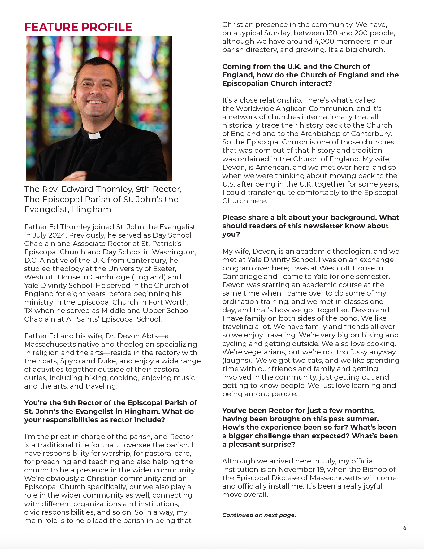 Feature profile of The Rev. Edward Thornley, 9th Rector, The Episcopal Parish of St. John’s the Evangelist, Hingham