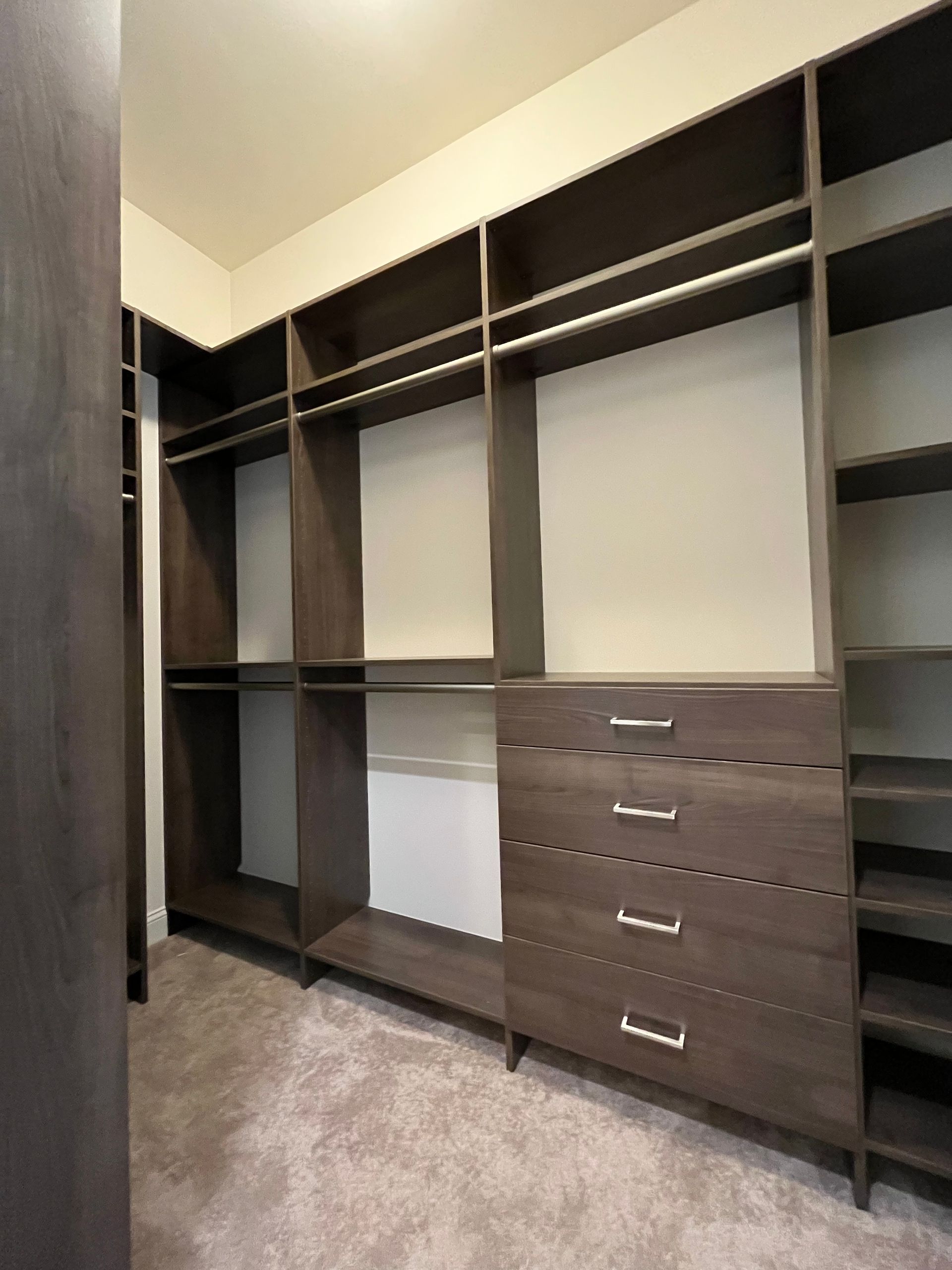 Empty dark brown closet with shelves, drawers, and hanging rods. Carpeted floor.