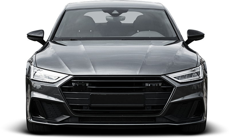 A front-facing view of a dark gray Audi sedan, showcasing its signature grille, angular headlights, and sleek body design | Euro Auto Tech & Smog