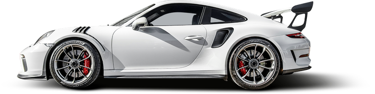 Side view of a white Porsche 911 GT3 RS with a prominent rear wing and red brake calipers against a white background | Euro Auto Tech & Smog