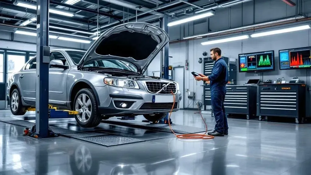 Car inside garage on lift with technician performing diagnostic (AI-Generated) | Euro Auto Tech & Smog