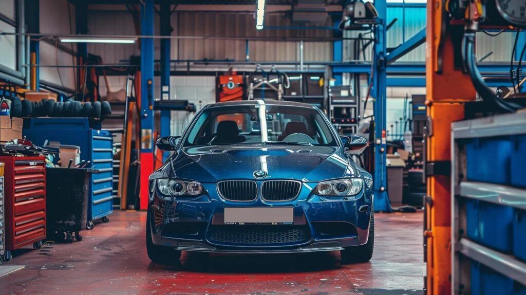 Blue BMW car parked inside of garage (AI-Generated) | Euro Auto Tech & Smog