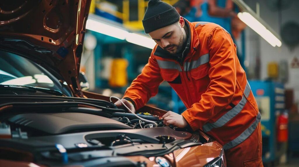Technician examining under hood of orange vehicle in garage (AI-Generated) | Euro Auto Tech & Smog