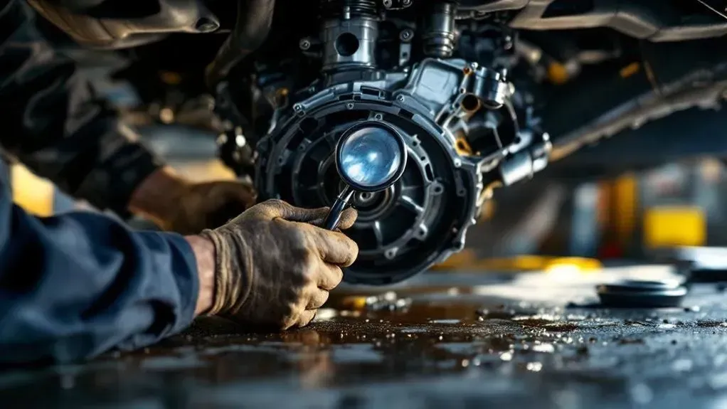 Technician with magnifying glass examining part underneath vehicle (AI-Generated) | Euro Auto Tech & Smog