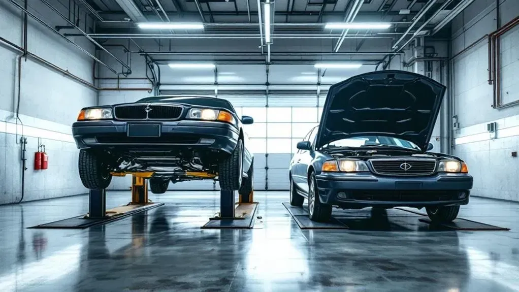 Two cars in garage, one car on lift and one car with the hood up (AI-Generated) | Euro Auto Tech & Smog