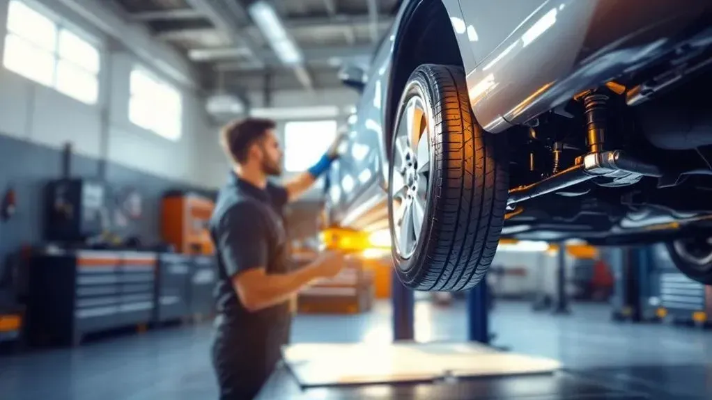 Technician performing repairs underneath vehicle of car, lifted up in garage (AI-Generated) | Euro Auto Tech & Smog