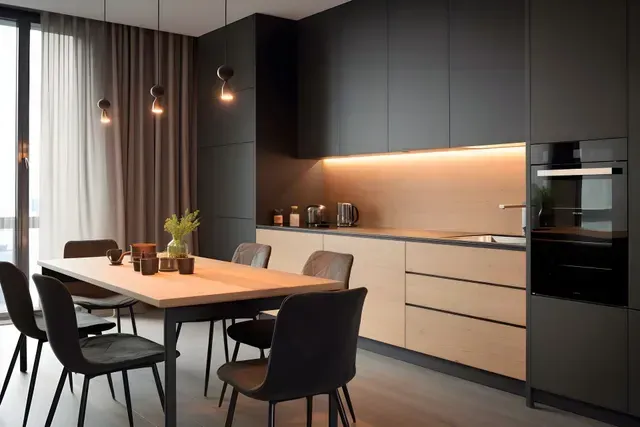 Une cuisine avec une table et des chaises