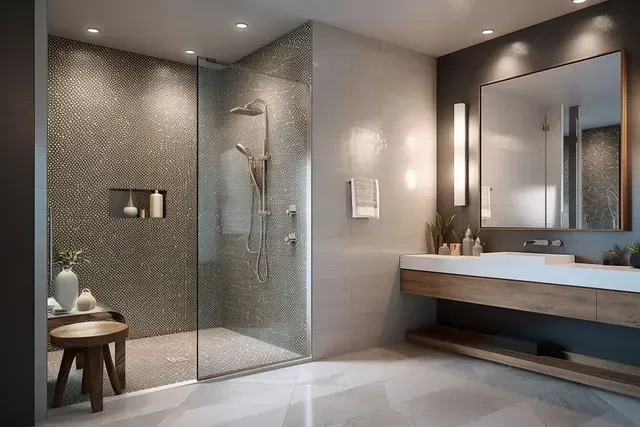 Une salle d'eau avec douche à l'italienne, lavabo et miroir.