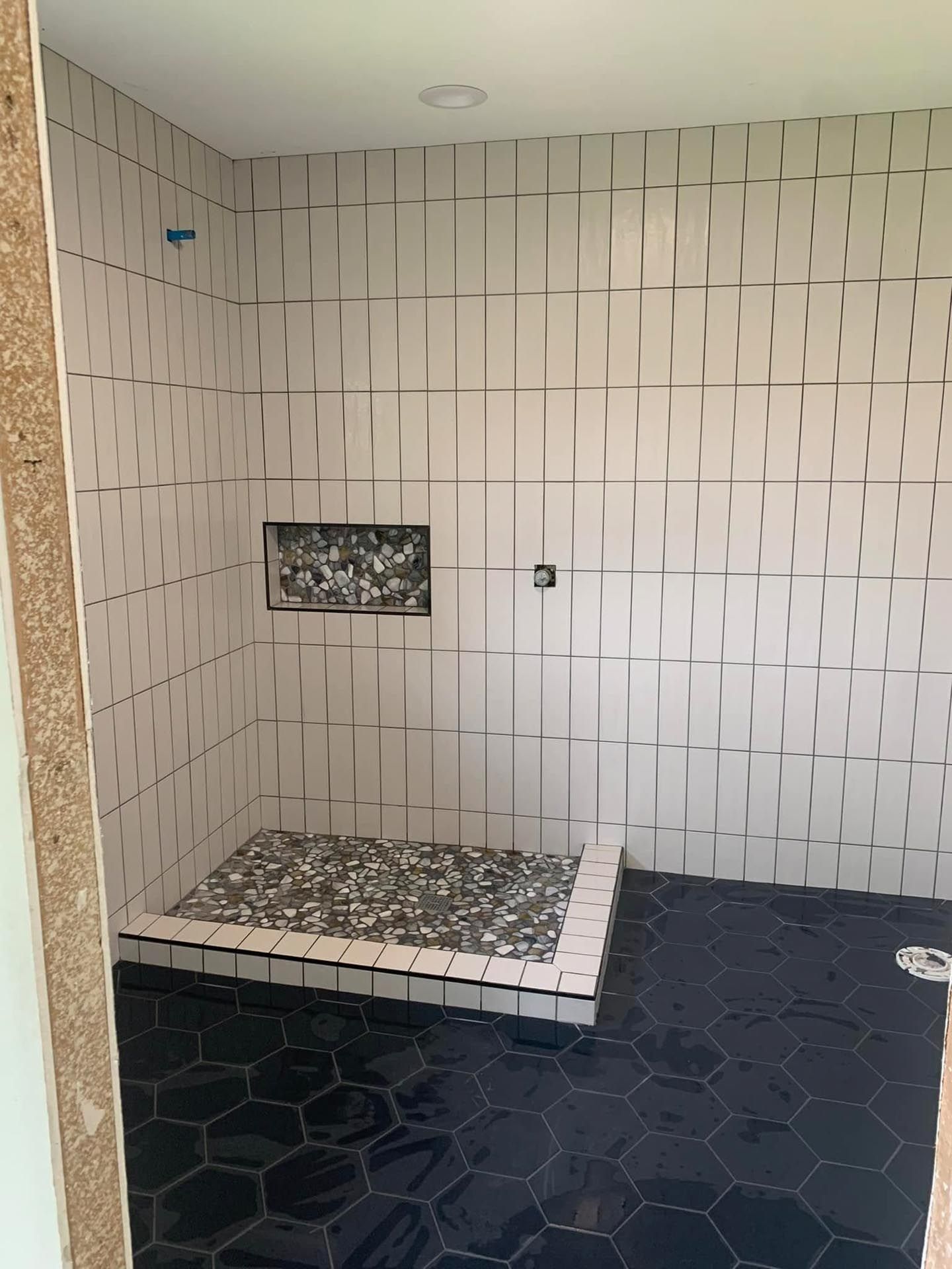 A bathroom with a walk in shower and a black tile floor.