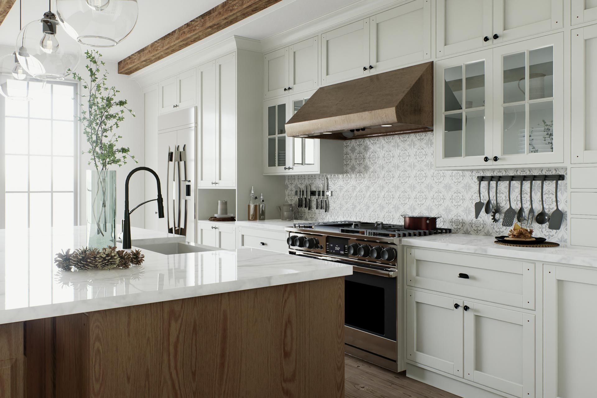 A kitchen with white cabinets , stainless steel appliances , a sink , and a large island.