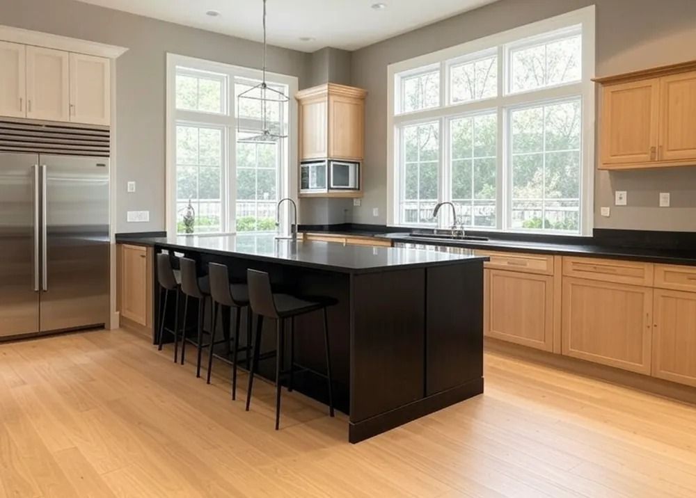 Modern kitchen with large windows, stainless steel appliances, black island, and light wood cabinetry
