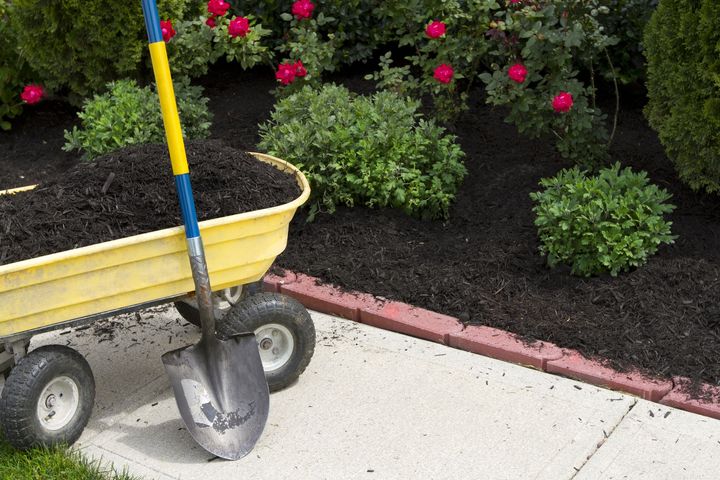 A shovel is sitting next to a yellow wagon filled with mulch.