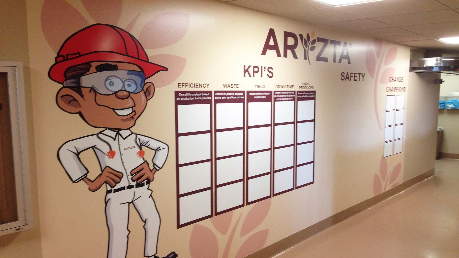 A mural in a hallway featuring a cartoon character in safety gear next to a wall-mounted chart for KPIs and safety metrics.