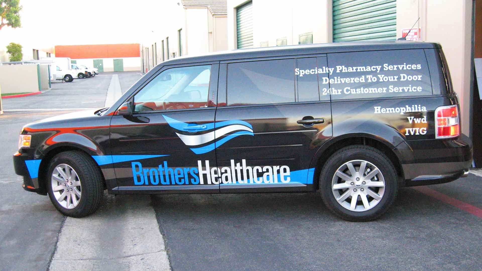 A black Brothers Healthcare SUV parked outside, featuring blue graphics and text listing pharmacy services.