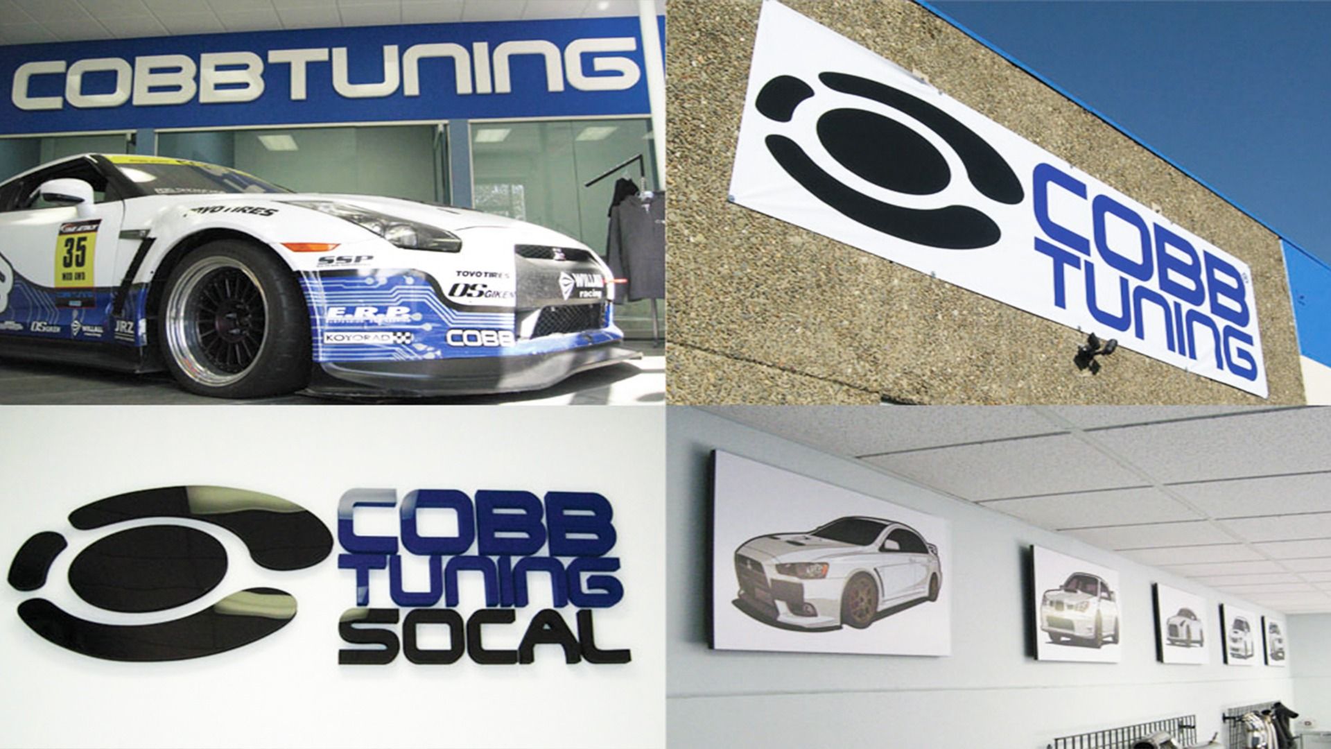 A collage of Cobb Tuning branding, featuring a race car, building signage, a lobby logo, and wall-mounted car art.