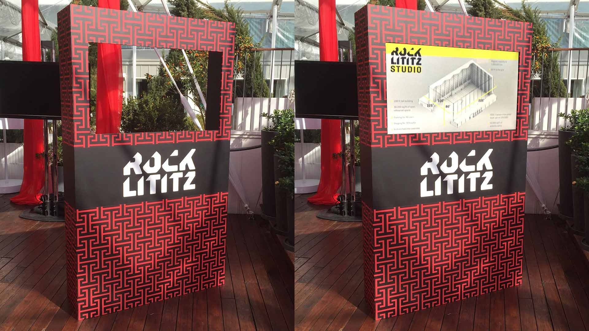 Side-by-side comparison of a Rock Lititz branded display frame, one empty and one with a site layout diagram inserted.
