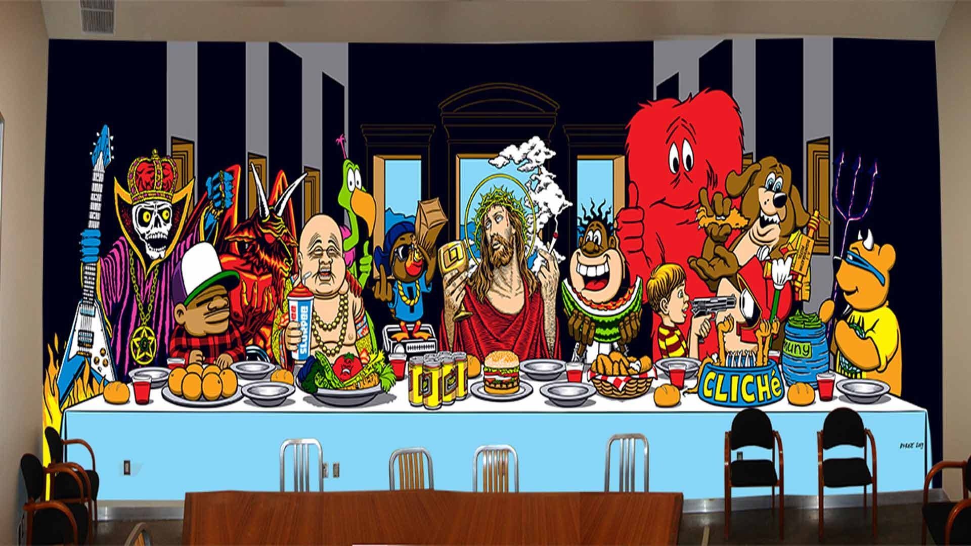 A cartoon parody of The Last Supper featuring Jesus surrounded by various pop culture characters at a long dining table.