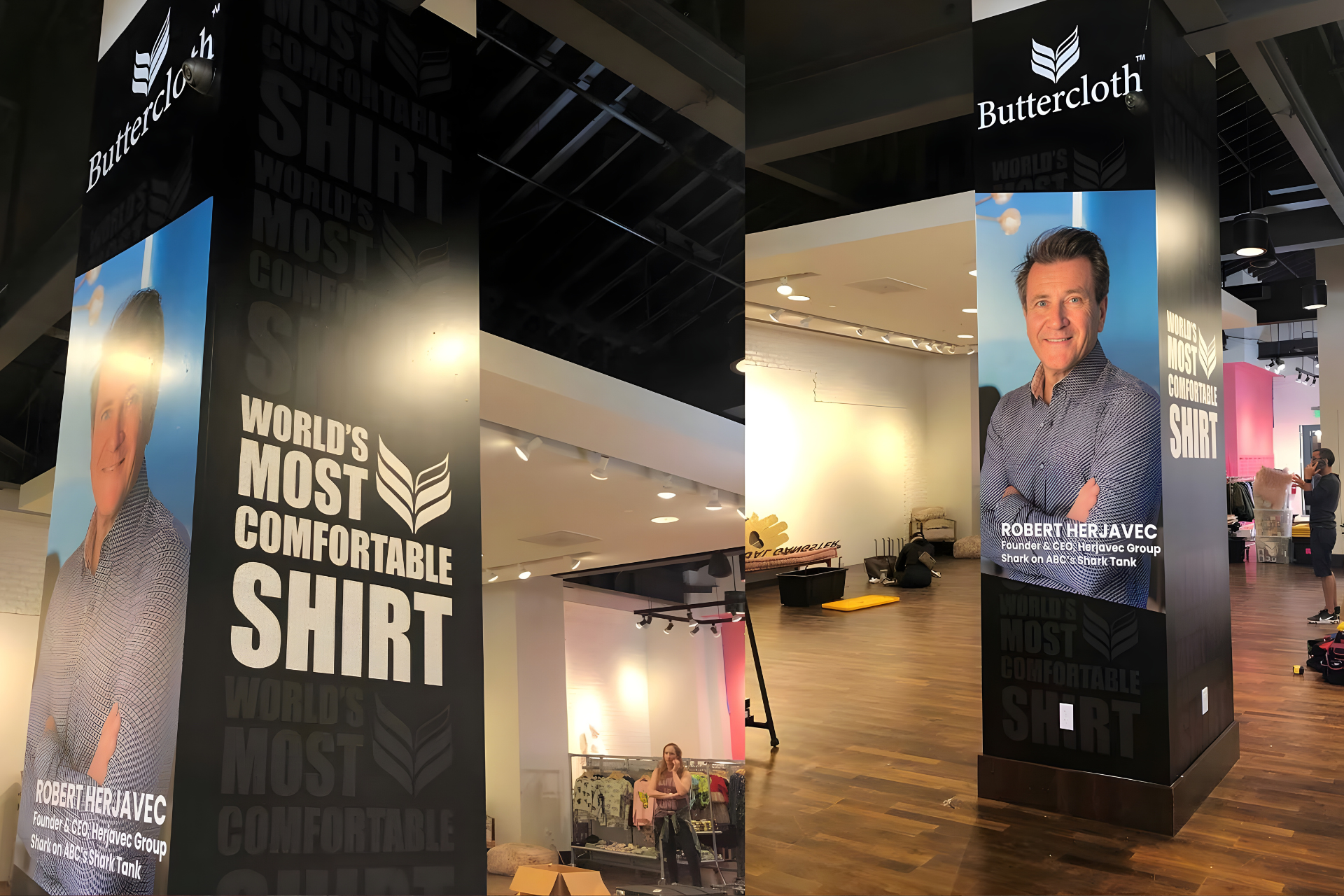 Large outdoor promotional display for L*Space featuring beachwear photography and Coming Soon signage on a brick walkway.