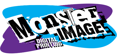 Logo for Monster Image Digital Printing with stylized black text on a blue and purple background.