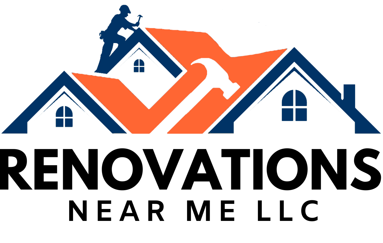 The logo for renovations near me llc shows a man working on the roof of a house.