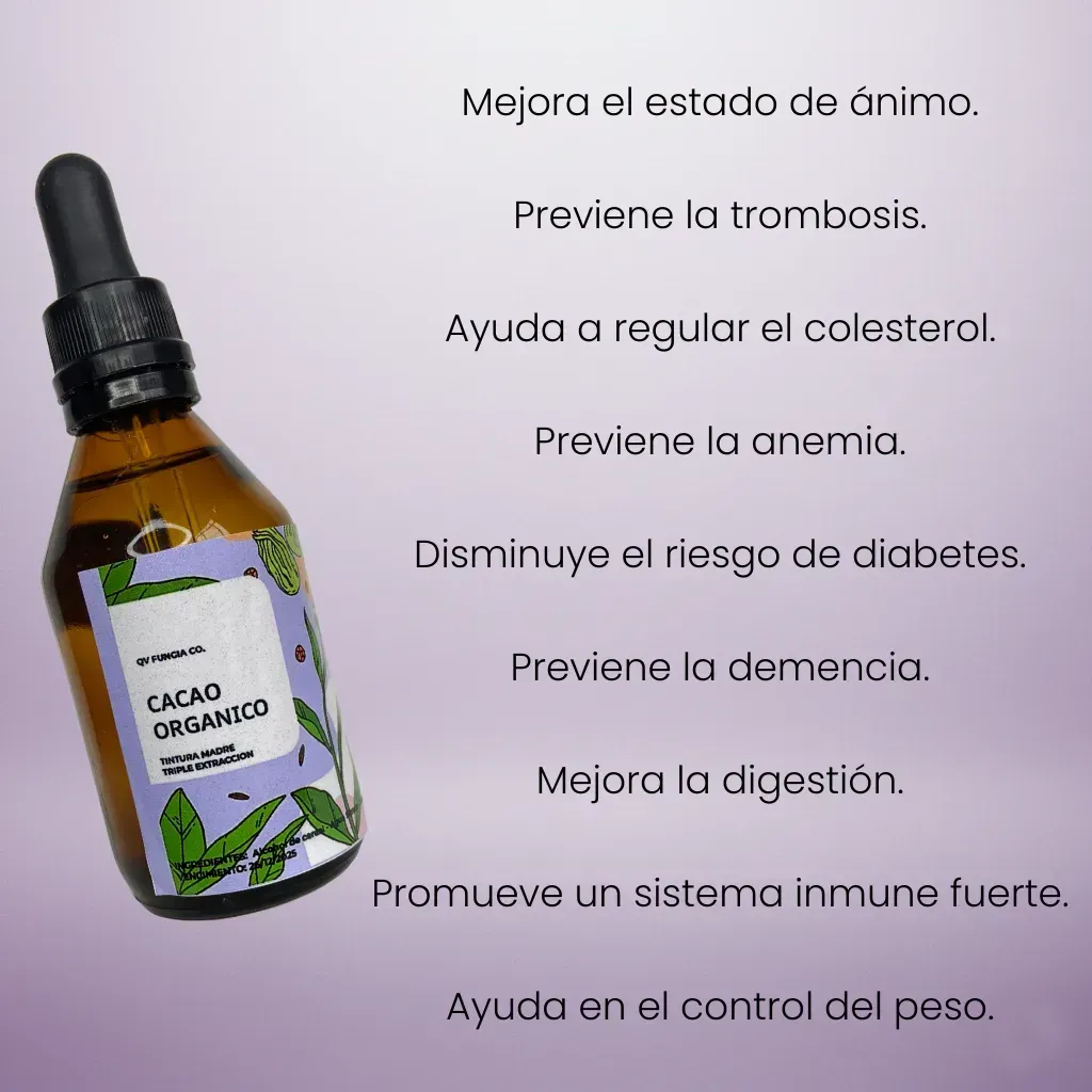 Botella de cacao con gotero sobre un pedestal, granos de cacao y la palabra 