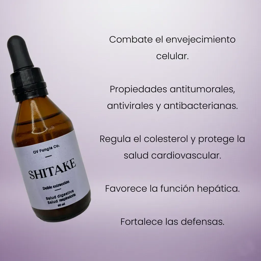 Botella de extracto de hongo shiitake con hongos sobre un pedestal de piedra clara, fondo morado.