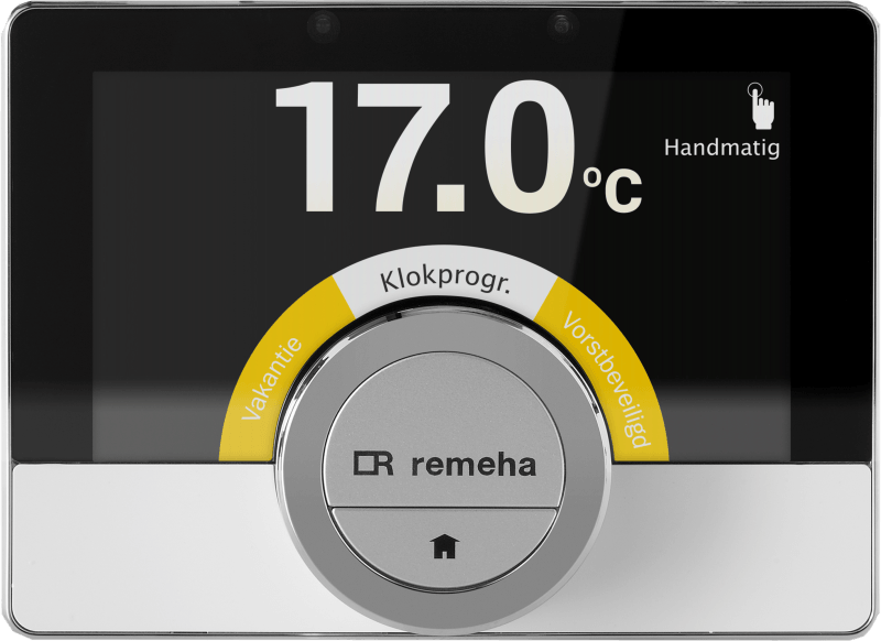Termostato con display che indica 17,0°C. Manopola girevole con opzioni: Vankatie, Klokprogr. e Antigelo.