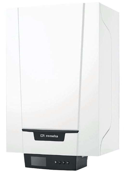 Caldaia a gas bianca da parete con pannello di controllo e display neri.