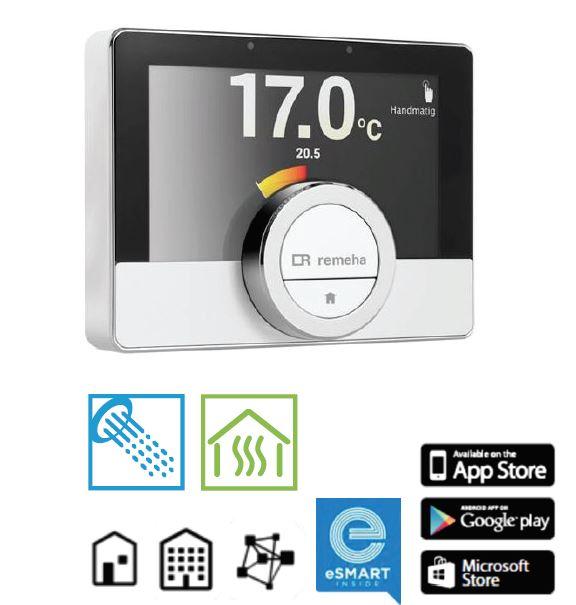 Termostato intelligente con display digitale che indica 17,0°C, circondato da icone e loghi dell'app store.