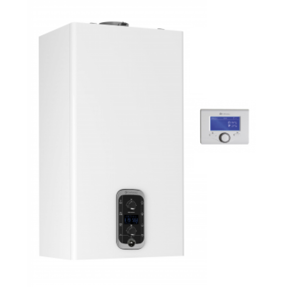 Una caldaia bianca con un termostato attaccato.