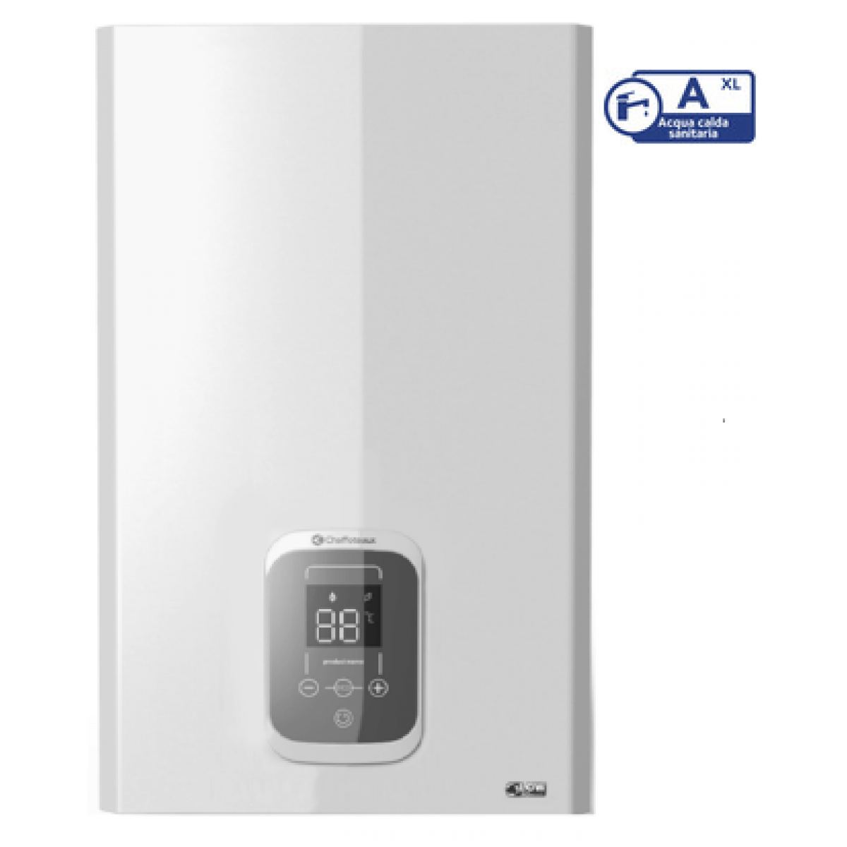 Uno scaldabagno bianco con un display digitale.