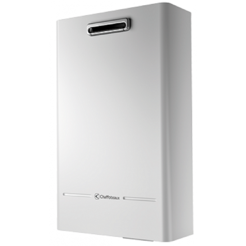 Uno scaldabagno bianco è appoggiato su una superficie bianca.