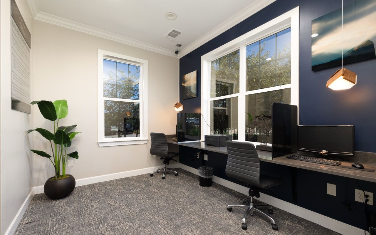 Leasing office workspace with two desks, computers, a printer, and a plant near large windows.