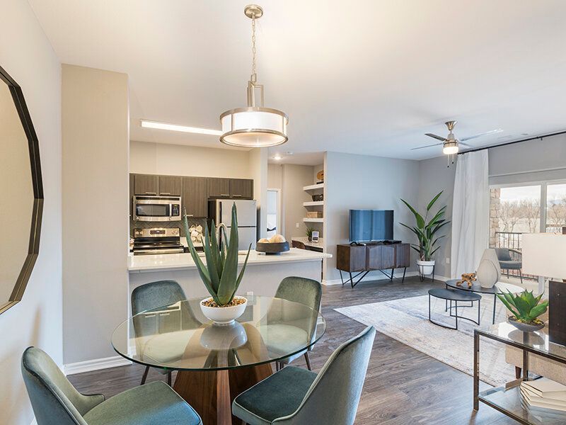 Open-concept kitchen, dining area, and living room in a modern apartment.