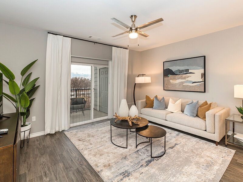Living room with a beige sofa, two round coffee tables, a large rug, and a balcony door.