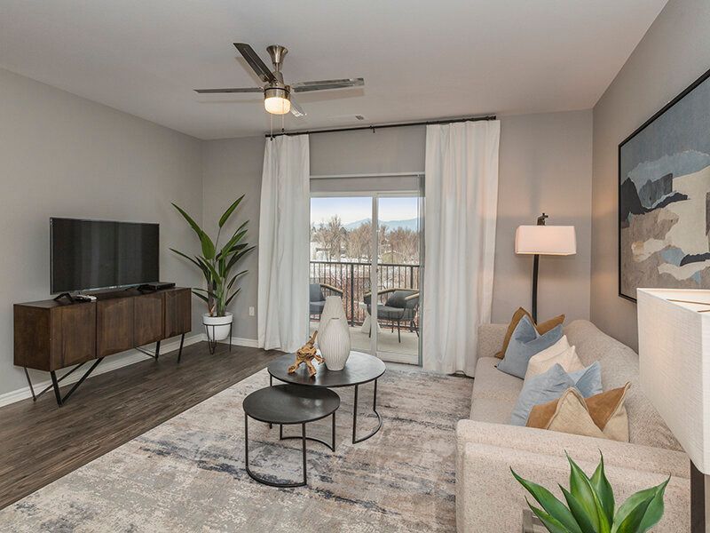 Living room with sofa, coffee tables, TV, and sliding glass door to balcony.