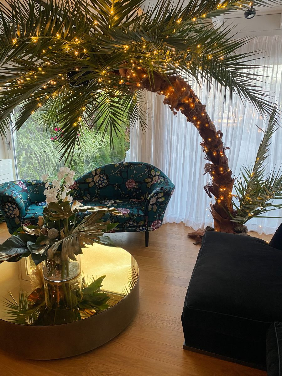 palma con illuminazione, divanetti e tavolo dorato