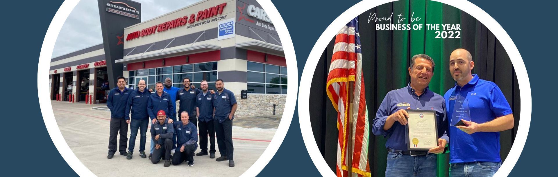 A group of men are posing for a picture in front of a building. | Elite Auto Experts