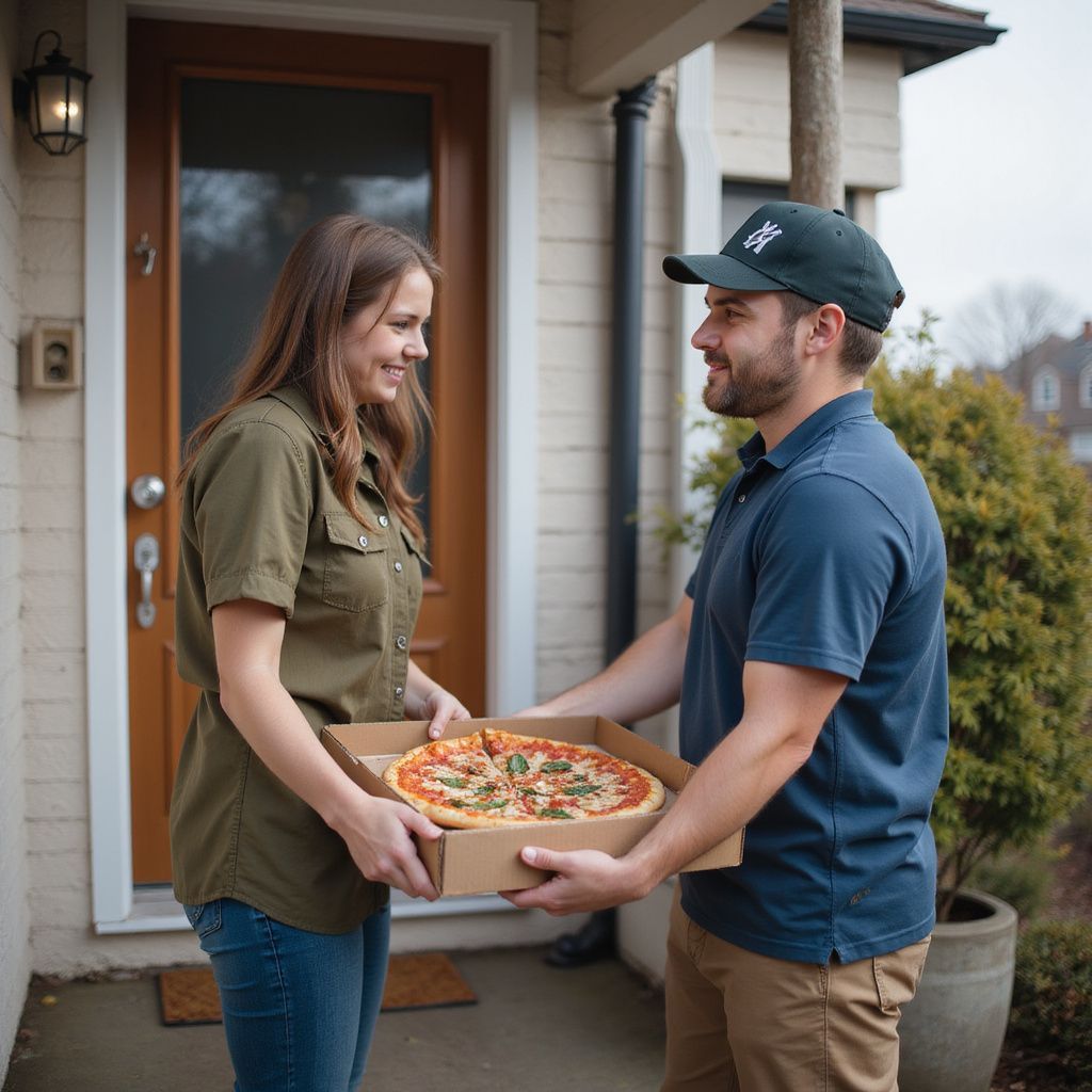 A delivery person in a blue polo and cap hands a cardboard pizza box to a person at a residential front door.