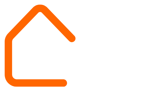 An orange and white house icon on a white background.