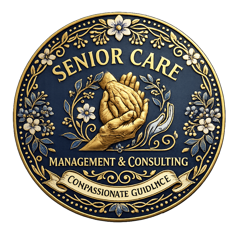 Gold hands emblem with “Senior Care Management & Consulting” and “Compassionate Guidance” on a navy circular badge