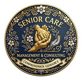 Circular Senior Care logo with praying hands, blue and gold floral accents, and “Management & Consulting” text