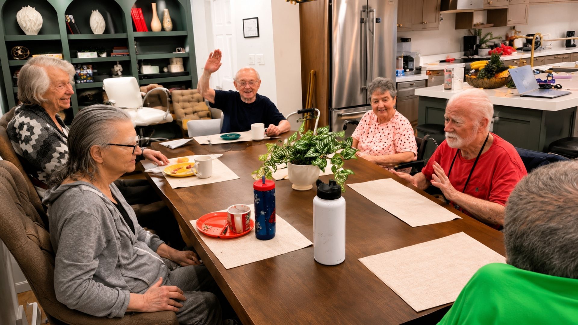 Small group seated around a table in a bright room, talking over snacks and drinks
