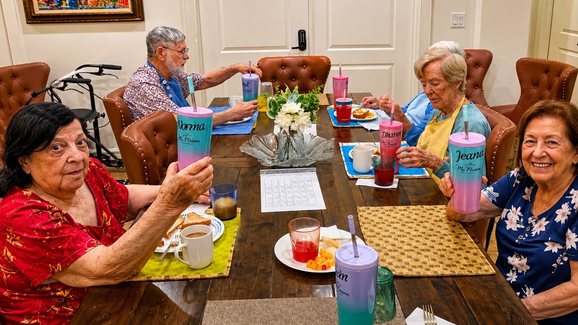 Four people sit around a table, smiling and toasting with colorful drinks in a living room.
