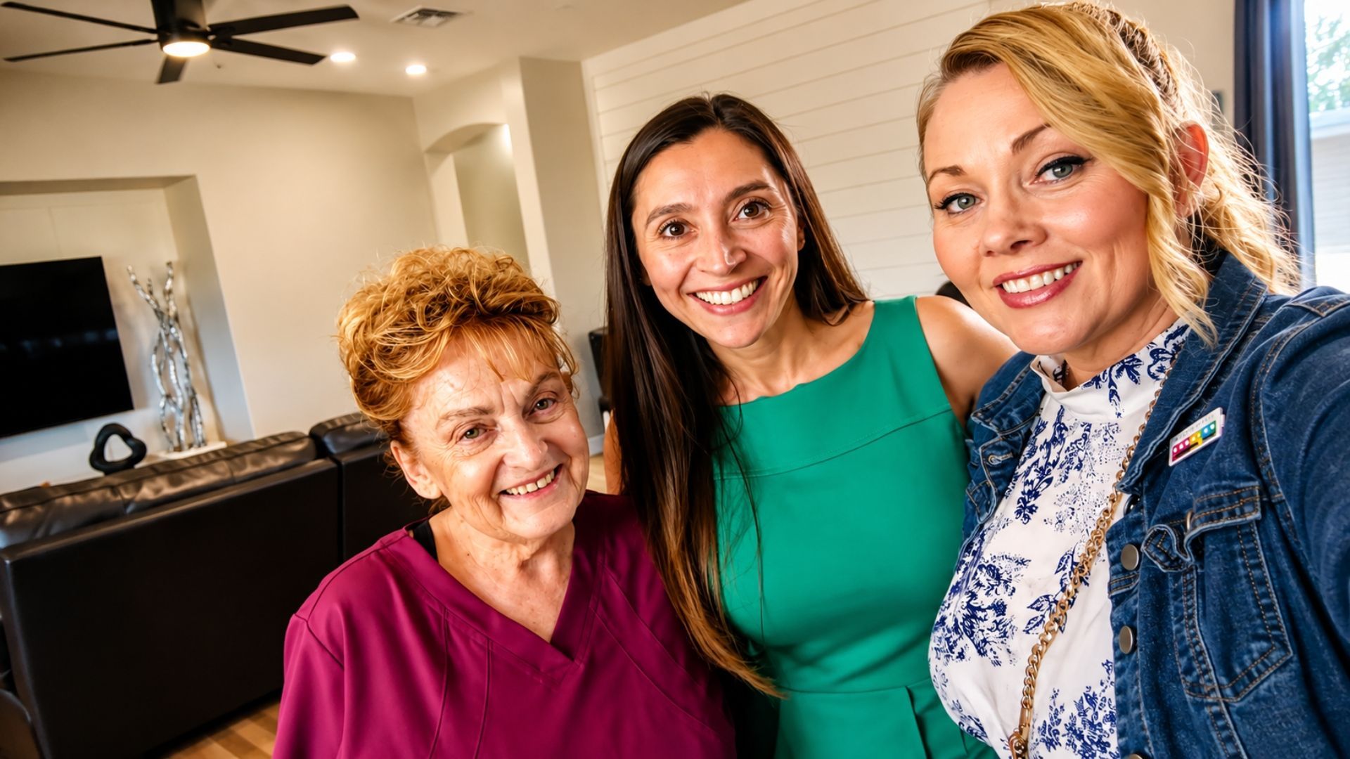 Three smiling women posing indoors, with a TV and ceiling fan in the background.